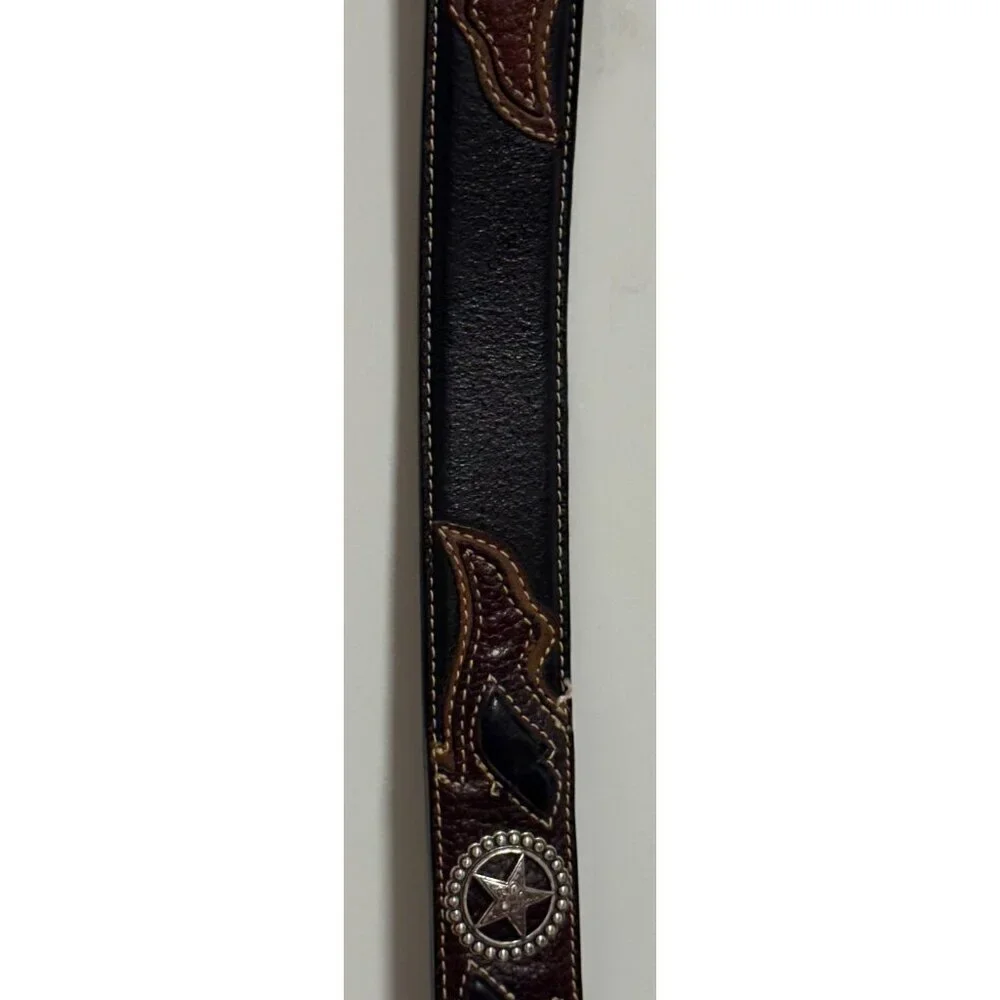 Larry Mehan Leather Belt‎ Sz 34 Western Silver Star Concho Intricate Stitching